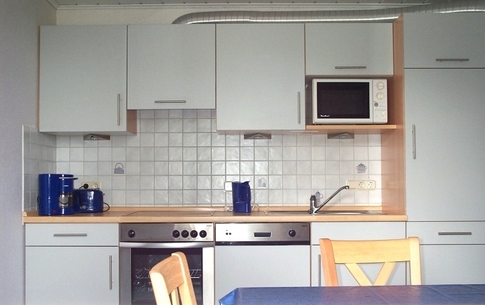 Küchenzeile der Ferienhauses mit Mikrowelle, Herd, Spülmaschine und Wasserkocher.